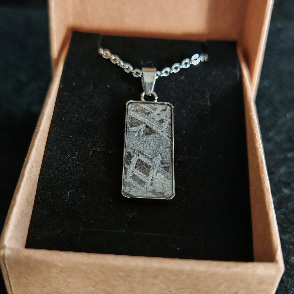 Colgante de acero y meteorito con cadena de acero inoxidable Meteorito de hierro - Altura: 36 mm - Ancho: 11 mm - 2.72 g - (1) #1.0