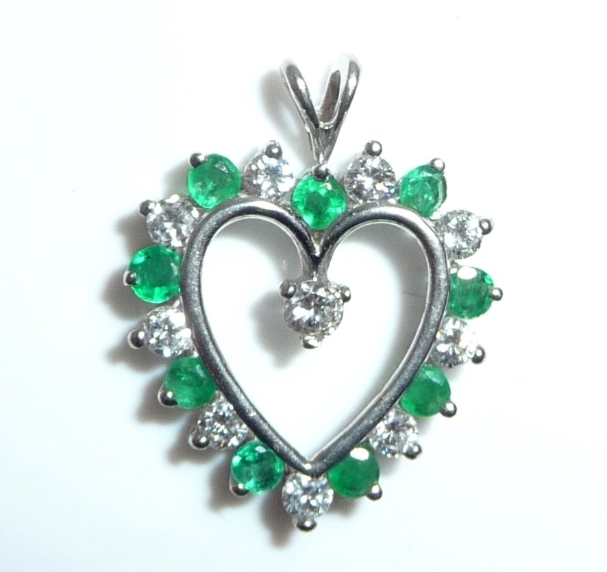 吊坠 - 14K包金 白金 -  0.75ct. tw. 钻石 (天然)  - 祖母绿 - 心脏 - 高品质 #1.0