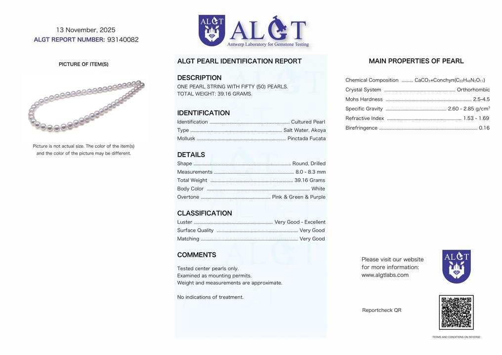Κολιέ Πιστοποιημένα Ακόγια Μαργαριτάρια - 8,0x8,3mm, Ασημί #4.3