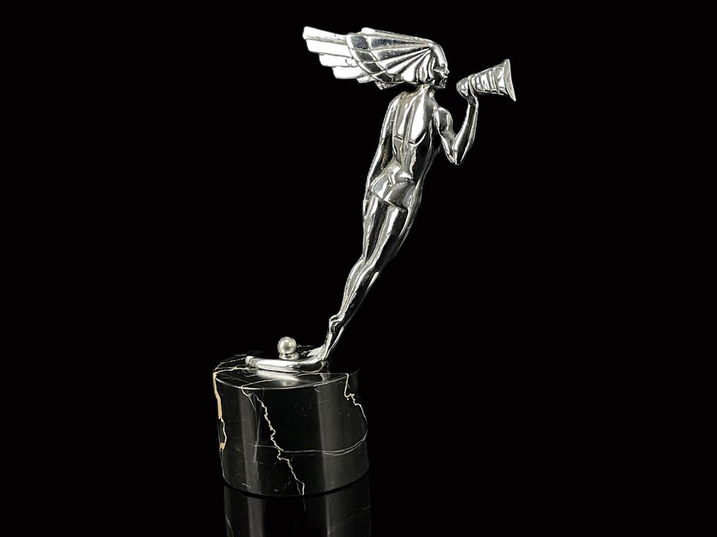 Rare Mascotte A.T.P (PARIS) - Design Streamline vers 1930 - 吉祥物 - 镀镍金属 - Portor大理石 - 23 x 18 厘米 #1.0