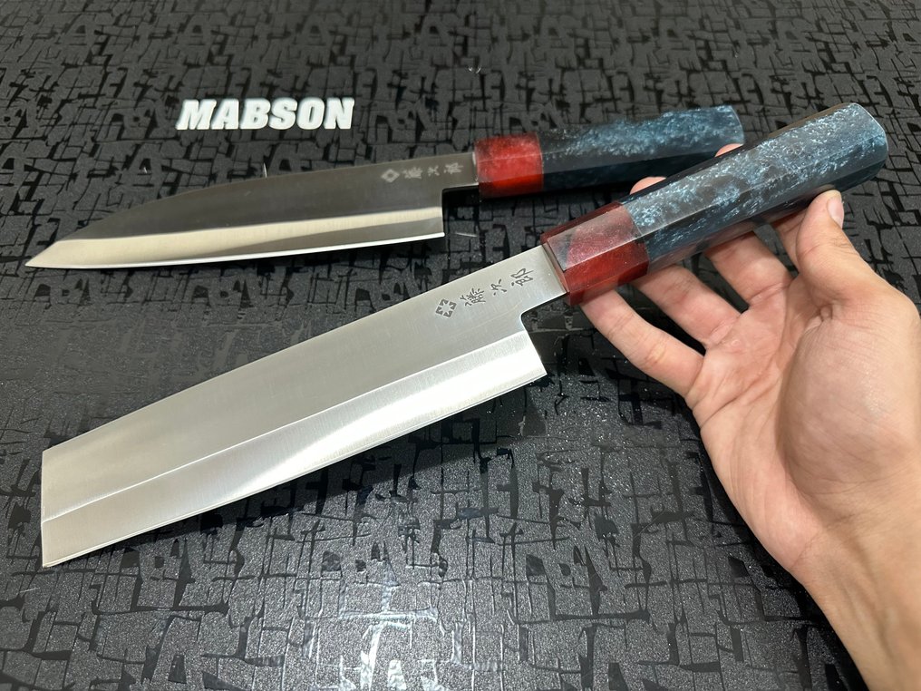 Deba & Nakiri - 廚刀 - Chef's knife -  锤纹特殊D2钢日本德刃和菜刀 - 人体工学混色树脂手柄 - 日本 #4.3