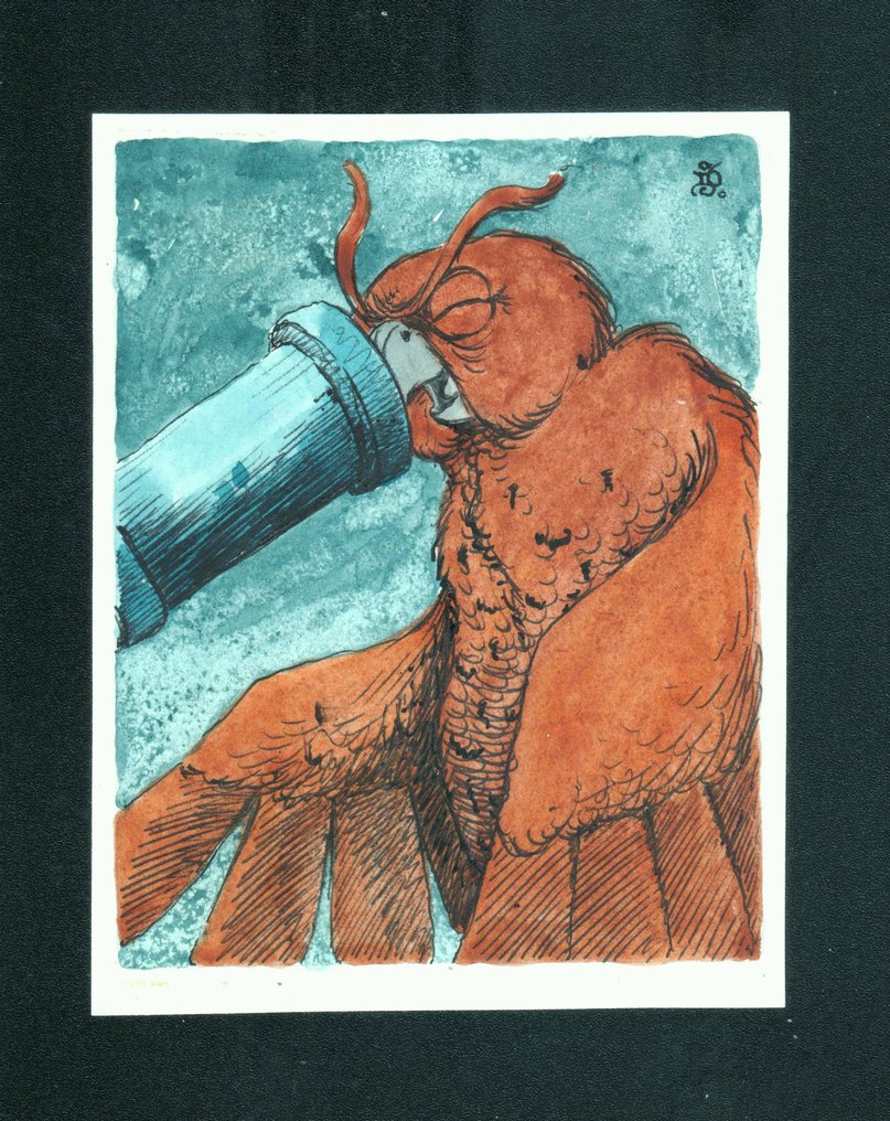 Dulieu, Jean (Jan van Oort) - 1 Original colour drawing - Paulus de Boskabouter - Oehoeboeroe kijkt door telescoop #1.0