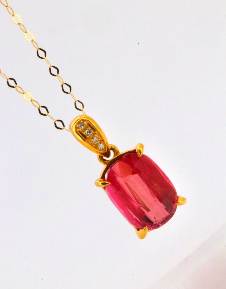 沒有保留價 - 墜飾 - 14 克拉 黃金 電氣石 - 鉆石 - Rubellite #4.3