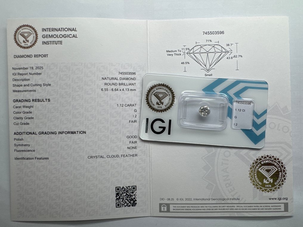 没有保留价 - 1 pcs 钻石  (天然)  - 1.12 ct - 圆形 - G - I2 内含二级 - 以色列宝石中心（G.C.I.） #4.3