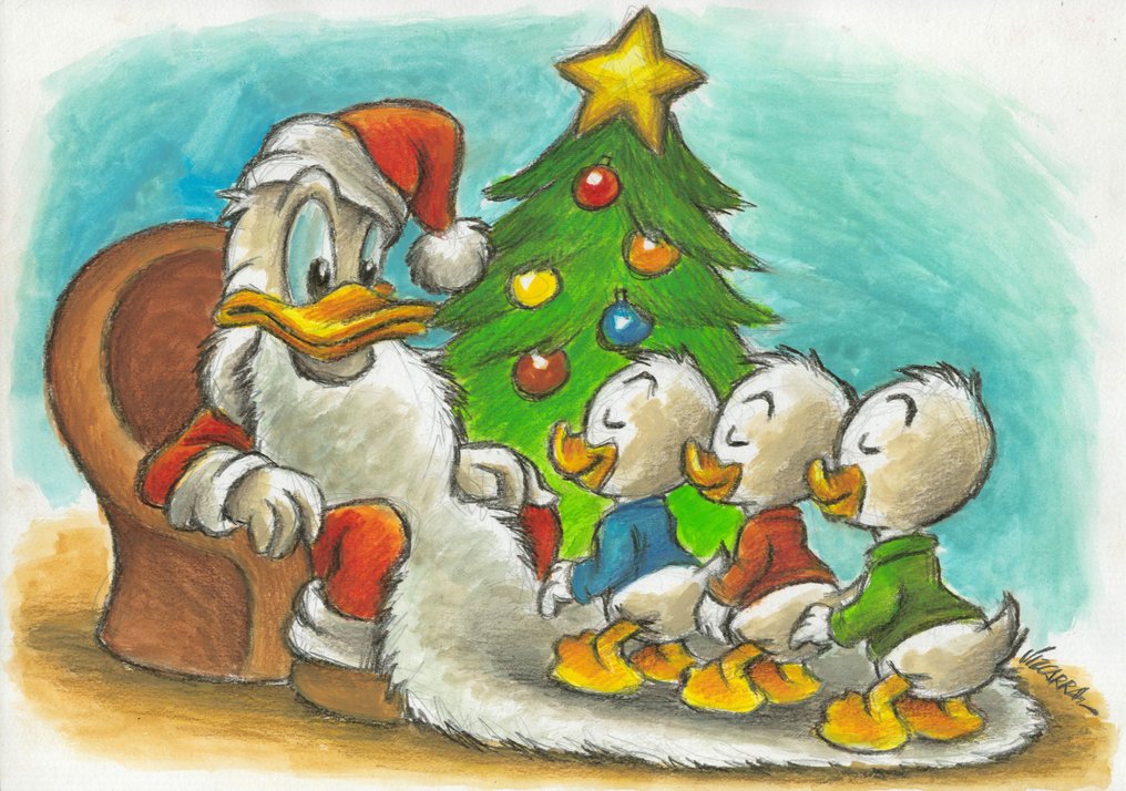 Joan Vizcarra Dipinto di Natale originale - Donald Duck as Santa Claus with Nephews – Hand Signed #2.1