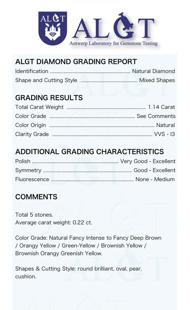 Zonder Minimumprijs - 5 pcs Diamant  (Natuurlijk gekleurd)  - 1.14 ct - Gemengde slijpvorm Gemengde kleuren - VVS1, I3 - Antwerp Laboratory for Gemstone Testing (ALGT) #1.0