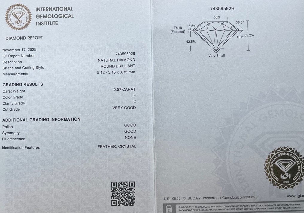 No Reserve Price - 1 pcs Diamond (Natural) - 0.57 ct - Round - F - I2 - International Gemological Institute (IGI) #2.1