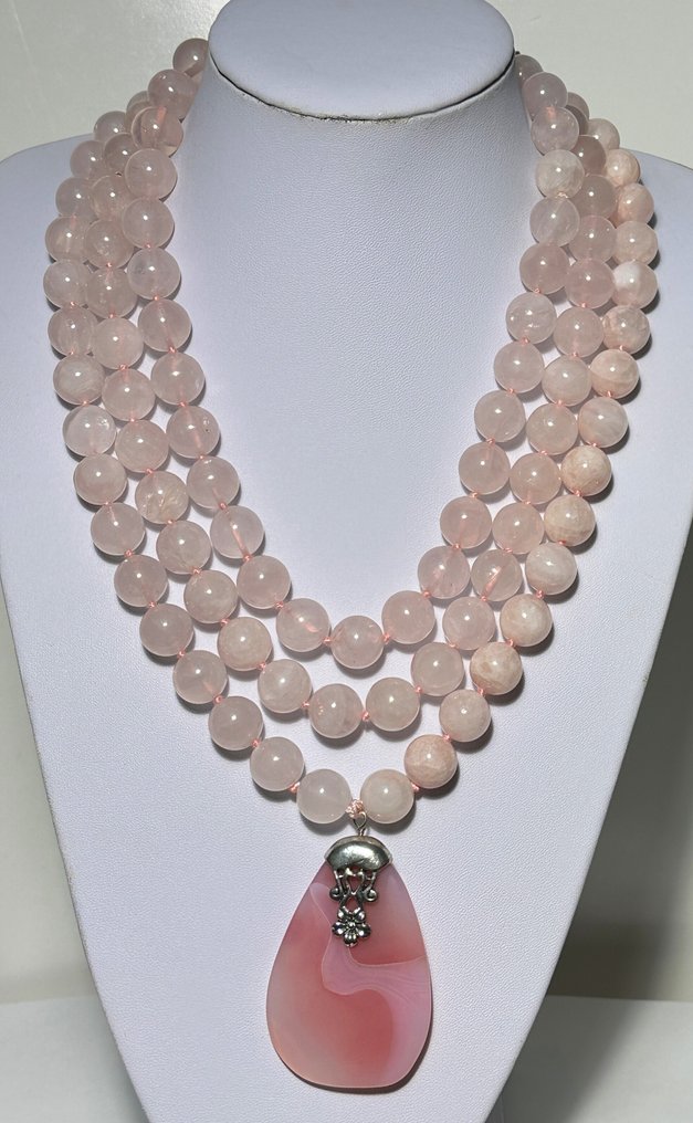 Quarzo rosa (14 mm) e Agata rosa (62 x 42 mm) / 2320 ct / Alta qualità - Collana - Cierra in argento 925 #1.0