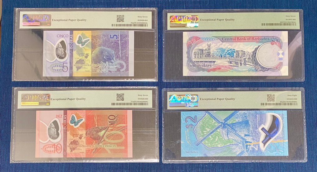 Σάο Τομέ και Πρίνσιπε, Μπαρμπάντος. - 4 banknotes - all graded - various dates  (χωρίς τιμή ασφαλείας) #1.0