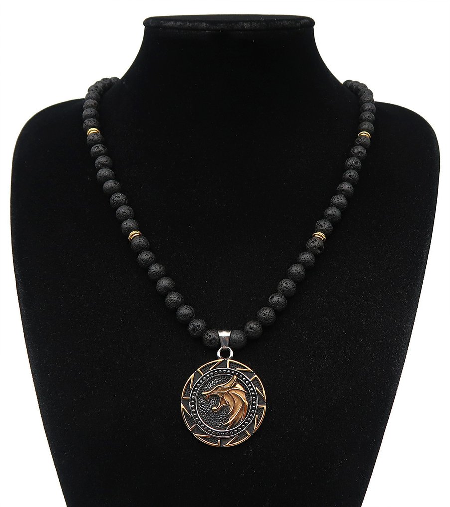 熔岩石 - 维京狼：战士的本能、力量与保护 - 14K金填充扣环 - 项链 #1.0