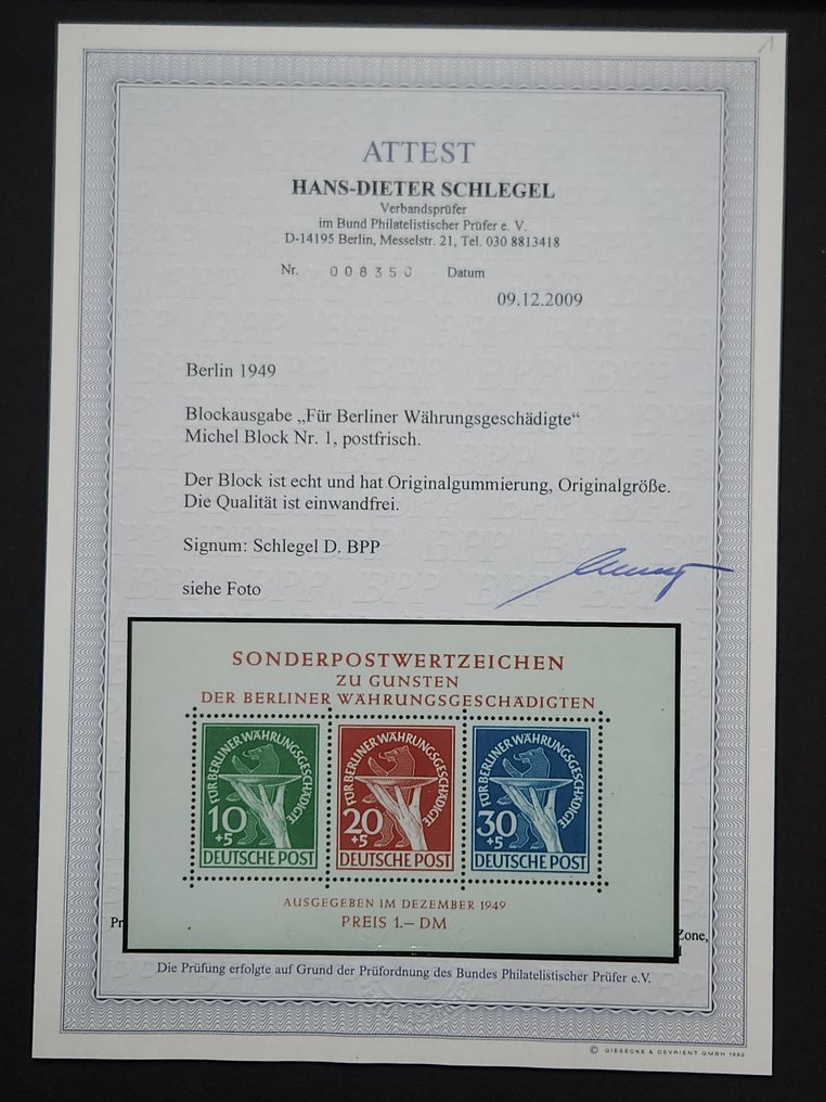 Berlim 1864/1949 - Berlin, bloco nº 1 danificado pela moeda, sem goma, com certificado, Schlegel, em perfeitas - Michel Block Nr. 1 #1.0