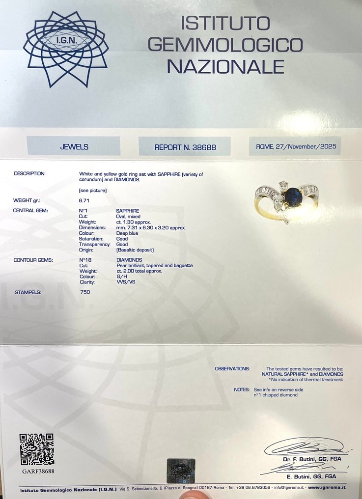 Gyűrű - 18 kt. Fehér arany, Sárga arany Zafír - Gyémánt #1.0