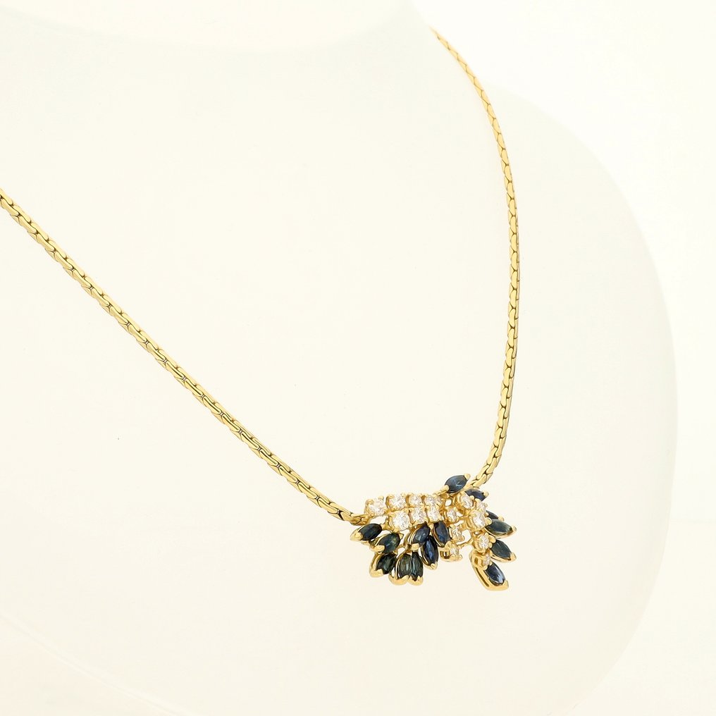 頸鏈 - 18 克拉 黃金 藍寶石 - 鉆石 #1.0