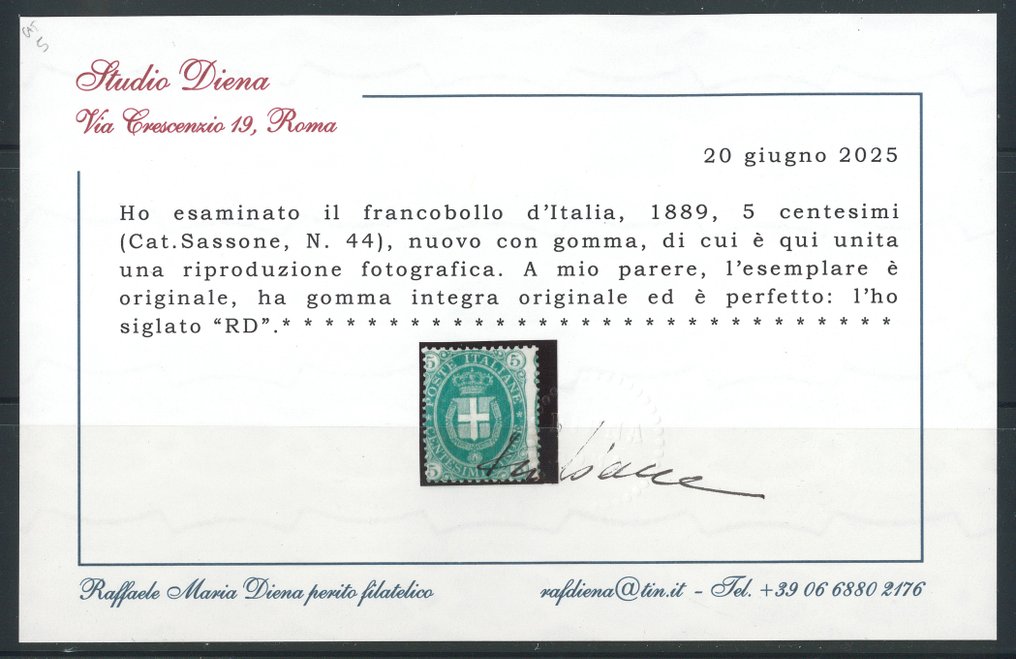 意大利王国  - 5 C. 深绿色，44号，切割精细，偏心（R. Diena 认证）。 #1.0