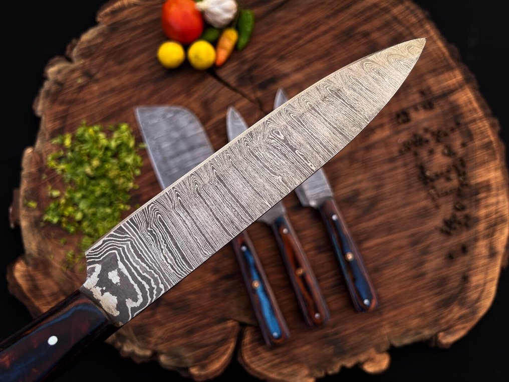 Coltello da cucina -  Set di coltelli da chef da cucina per uso quotidiano in interno ed esterno (UZ-282) - Manico e lama in legno esotico multi-americano, realizzati in acciaio piegato 1095/15n0. - Nord America - Set di coltelli da cucina #1.0