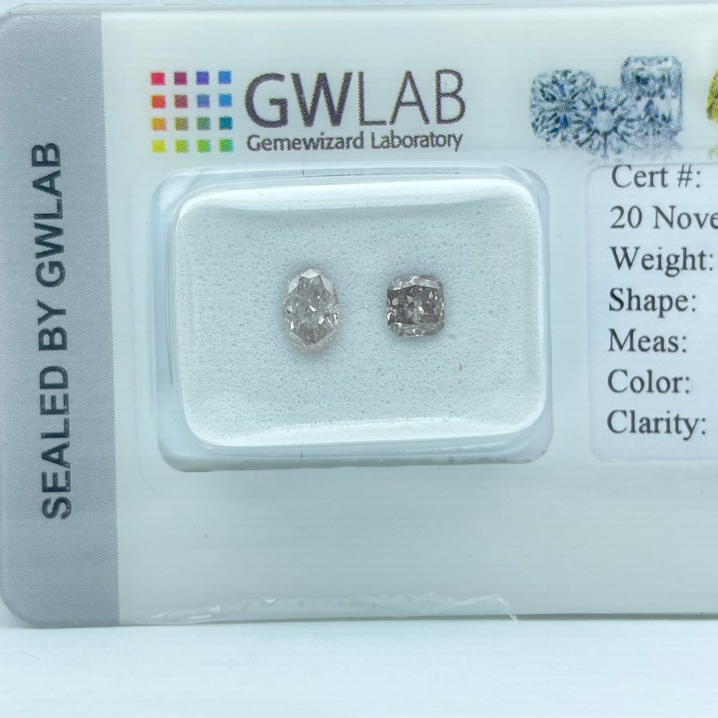 Ingen reservasjonspris - 2 pcs Diamant (Naturfarget) - 0.69 ct - Blandet form - Faint, Fancy Rosa Rosa, Brun - I1 - Gemewizard Gemologisk laboratorium (GWLab) #3.2