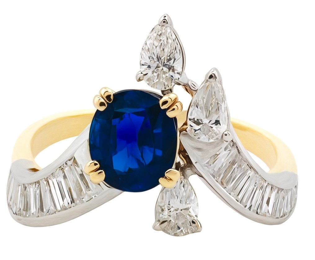 Gyűrű - 18 kt. Fehér arany, Sárga arany Zafír - Gyémánt #1.0