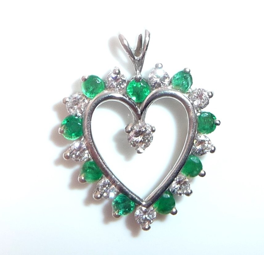 吊坠 - 14K包金 白金 -  0.75ct. tw. 钻石 (天然)  - 祖母绿 - 心脏 - 高品质 #4.3
