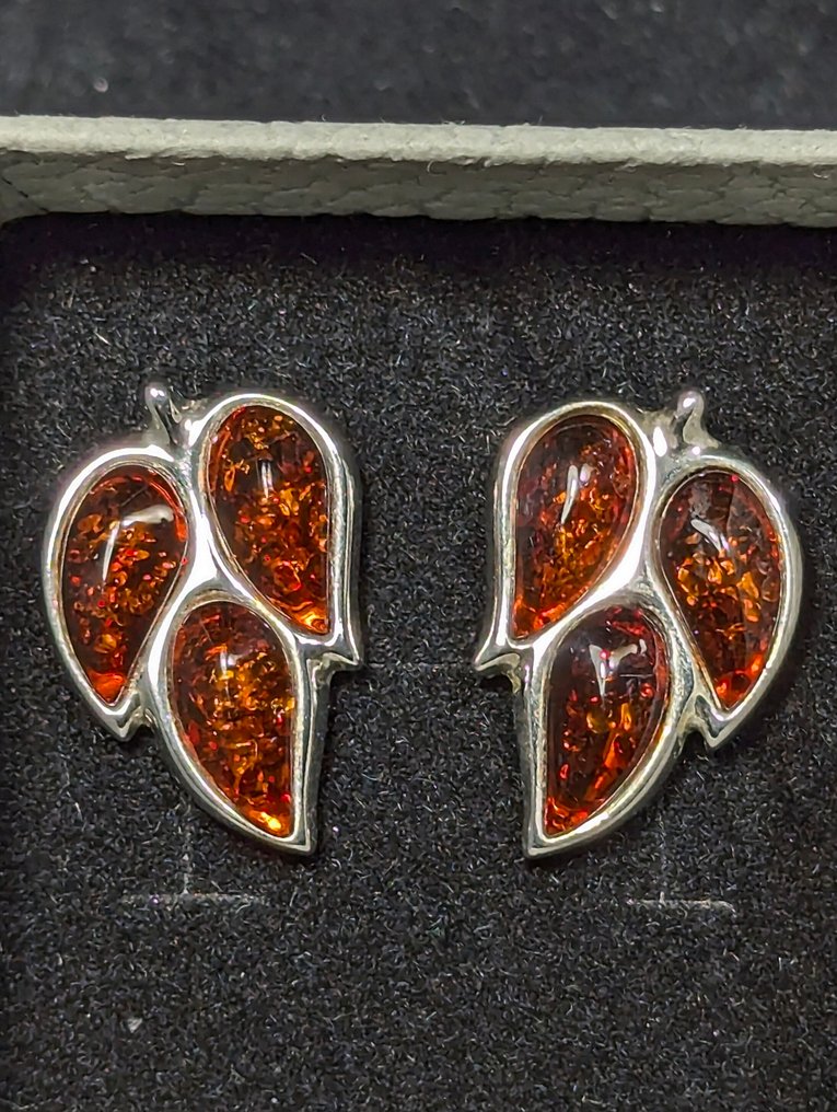 Szép 925 ezüst fülbevalók, természetes balti borostyánnal Svédországból. - Drop fülbevaló #1.0