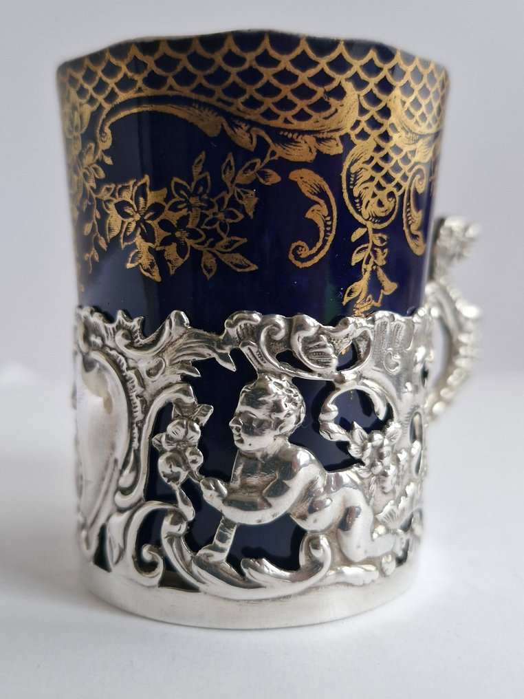 Kubek i spodek - Fajna porcelana z kości słoniowej - srebro sterling - Koniec XIX wieku #3.2