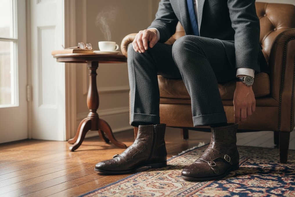 Santoni-UK5 (39/39.5)-Ostrich-Doublebuckle - Bottines - Taille : EU 40 - Neuf dans sa boîte #1.0