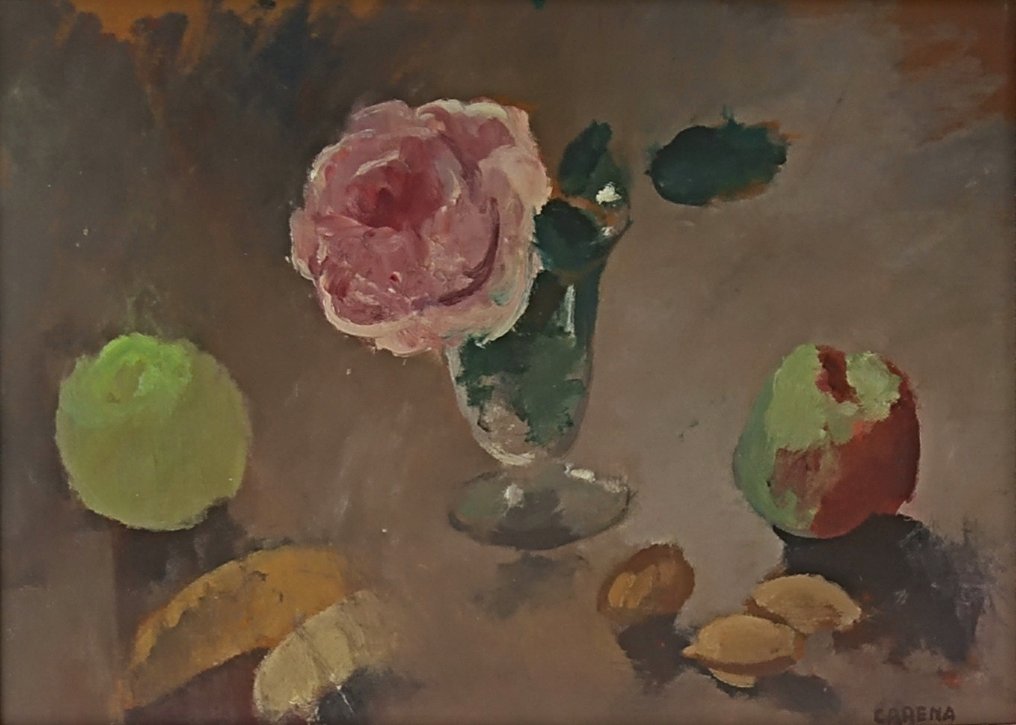 Felice Carena (1879–1966) - Natura morta con frutta e rosa #1.0