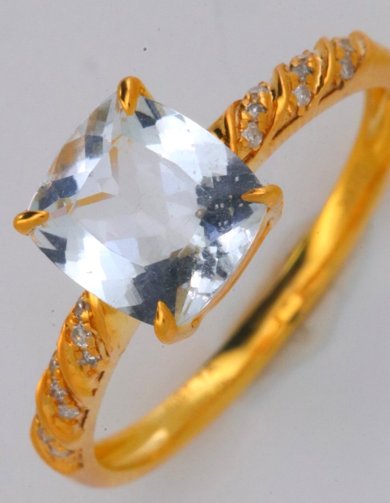Nincs minimálár - Gyűrű - 14 kt. Sárga arany Akvamarin - Gyémánt #3.2