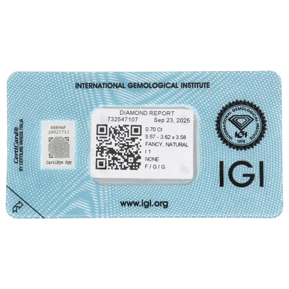 沒有保留價 - 1 pcs 鑽石 (天然彩色) - 0.70 ct - 圓形 - Fancy light 淡黃色, 淡灰色 褐色 - I1 - 國際寶石學院(International Gemological Institute (IGI)) #2.1