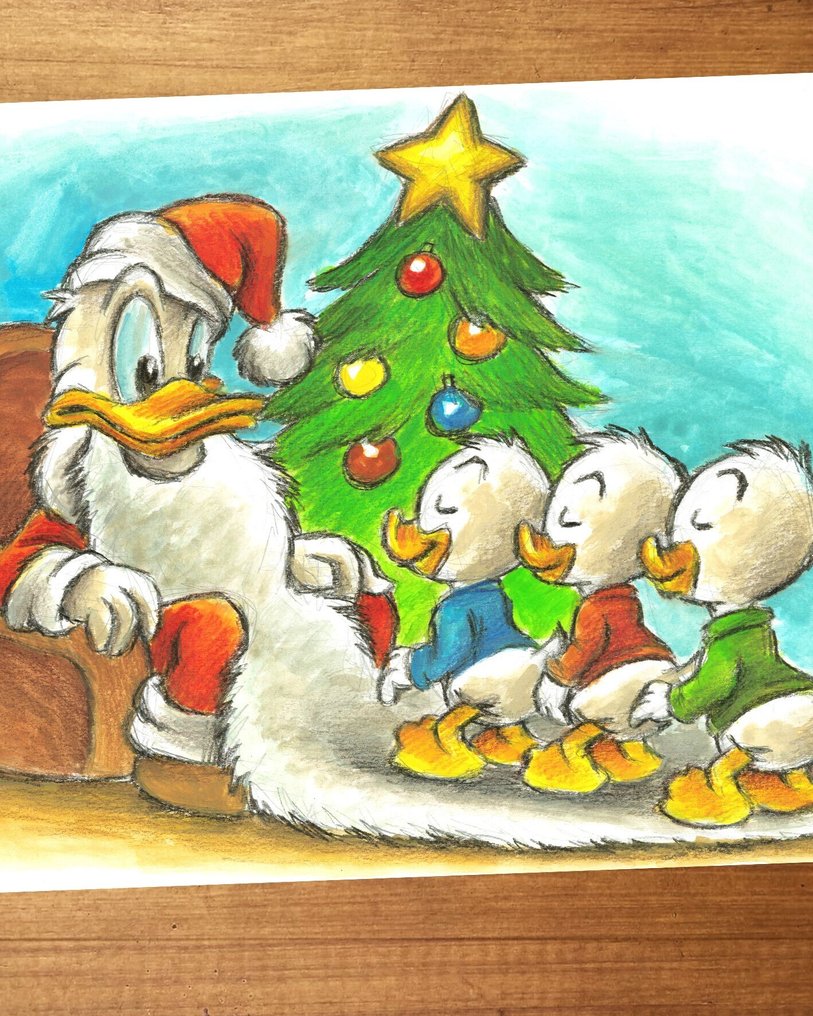 Joan Vizcarra Dipinto di Natale originale - Donald Duck as Santa Claus with Nephews – Hand Signed #1.0