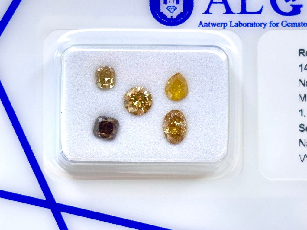 Zonder Minimumprijs - 5 pcs Diamant  (Natuurlijk gekleurd)  - 1.14 ct - Gemengde slijpvorm Gemengde kleuren - VVS1, I3 - Antwerp Laboratory for Gemstone Testing (ALGT) #2.1