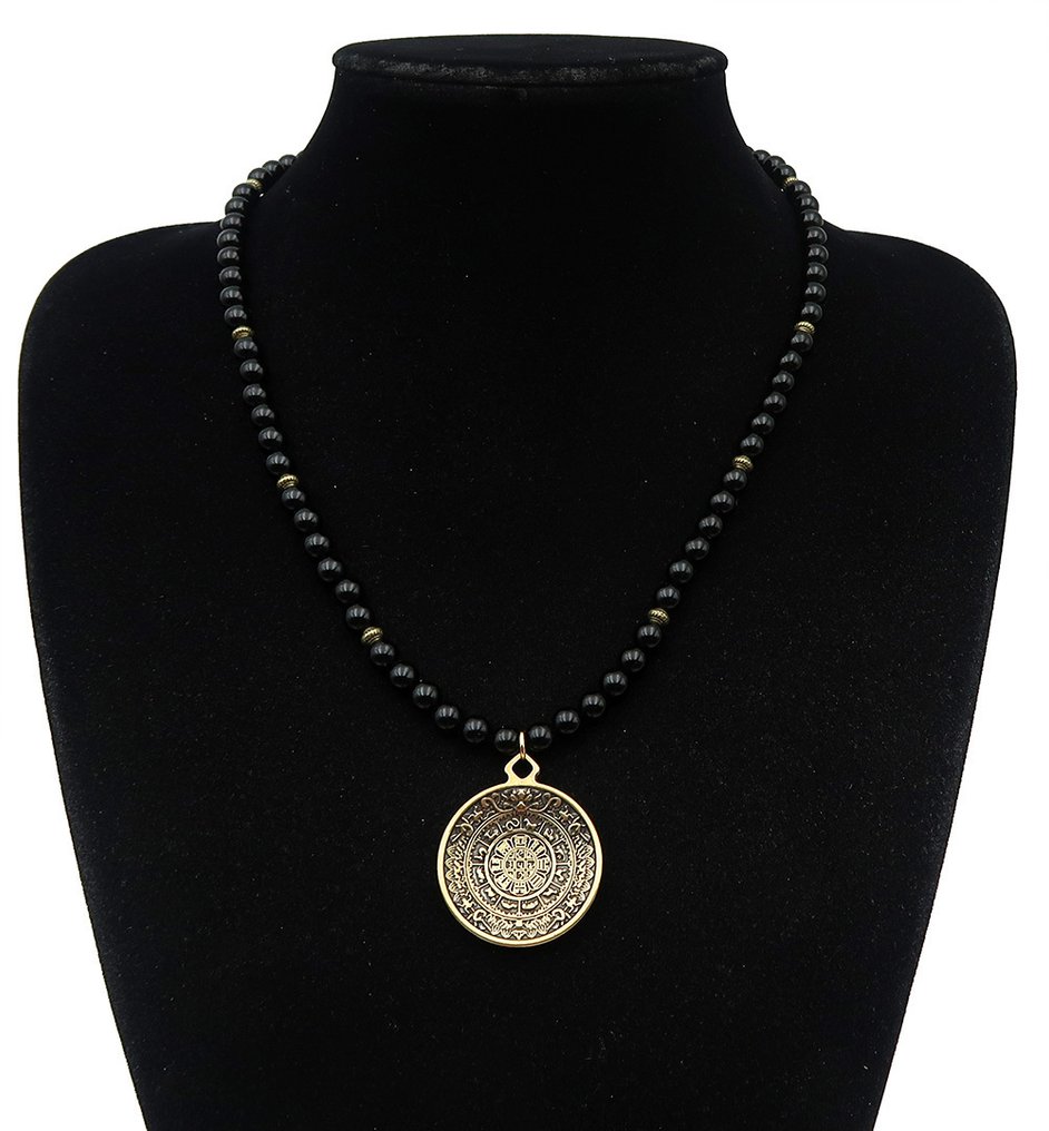 黑曜石-藏族仪式镜Melong：抗恶魔 - 14K金镀层扣 - 项链 #1.0