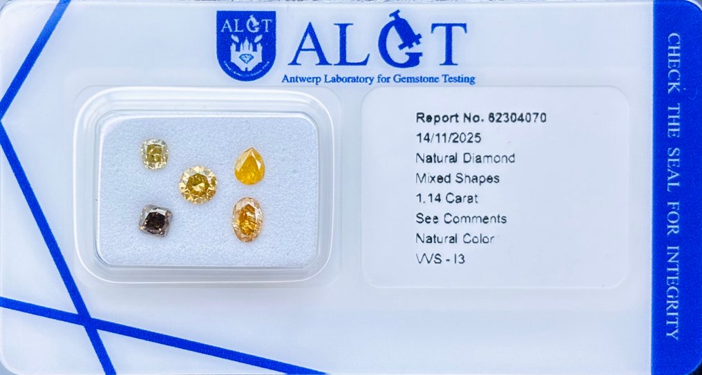 Zonder Minimumprijs - 5 pcs Diamant  (Natuurlijk gekleurd)  - 1.14 ct - Gemengde slijpvorm Gemengde kleuren - VVS1, I3 - Antwerp Laboratory for Gemstone Testing (ALGT) #1.0