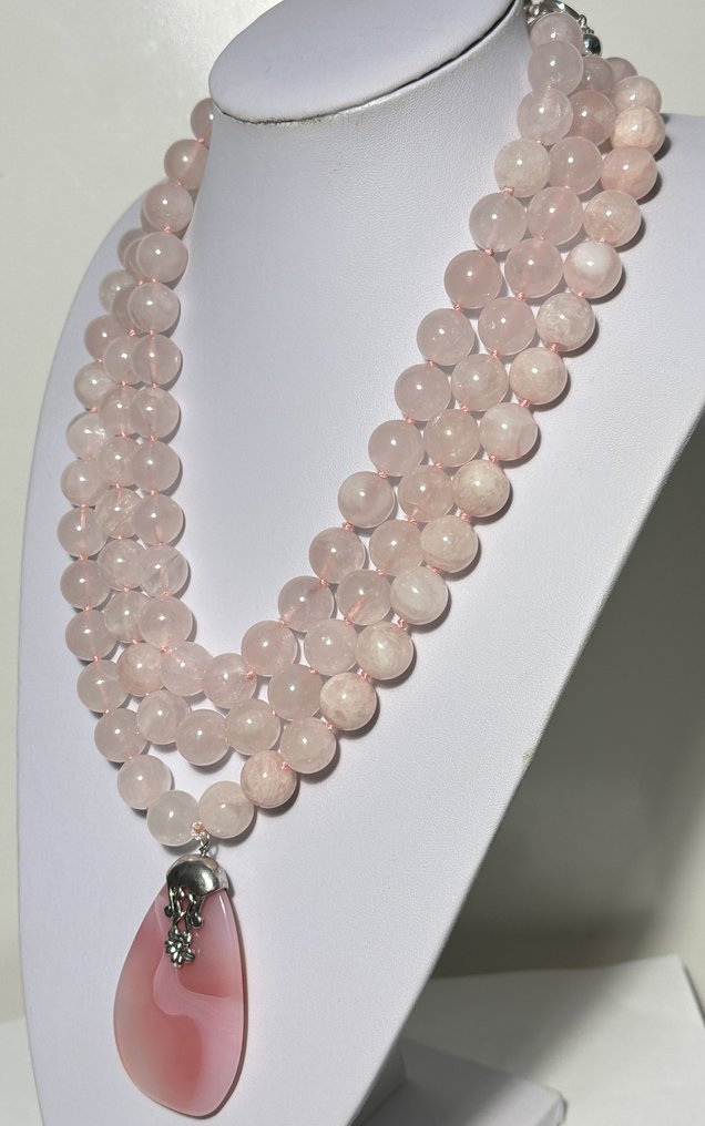 Quarzo rosa (14 mm) e Agata rosa (62 x 42 mm) / 2320 ct / Alta qualità - Collana - Cierra in argento 925 #3.2