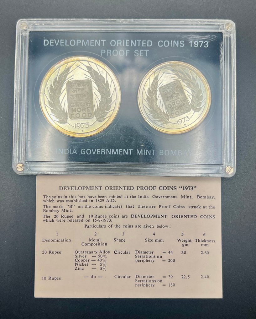 India. 10 Rupees /20 Rupees 1973 Development Oriented, 2 Coin Proof Set  (No Reserve Price) #4.3