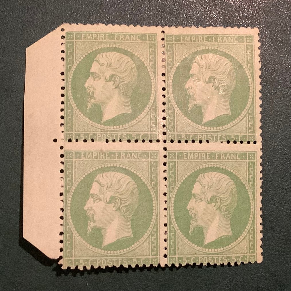 Frankrike 1862 - 5-cent Napoleon, samlet i en blokk på fire - Brun, godkjent. - Yvert 20 #1.0