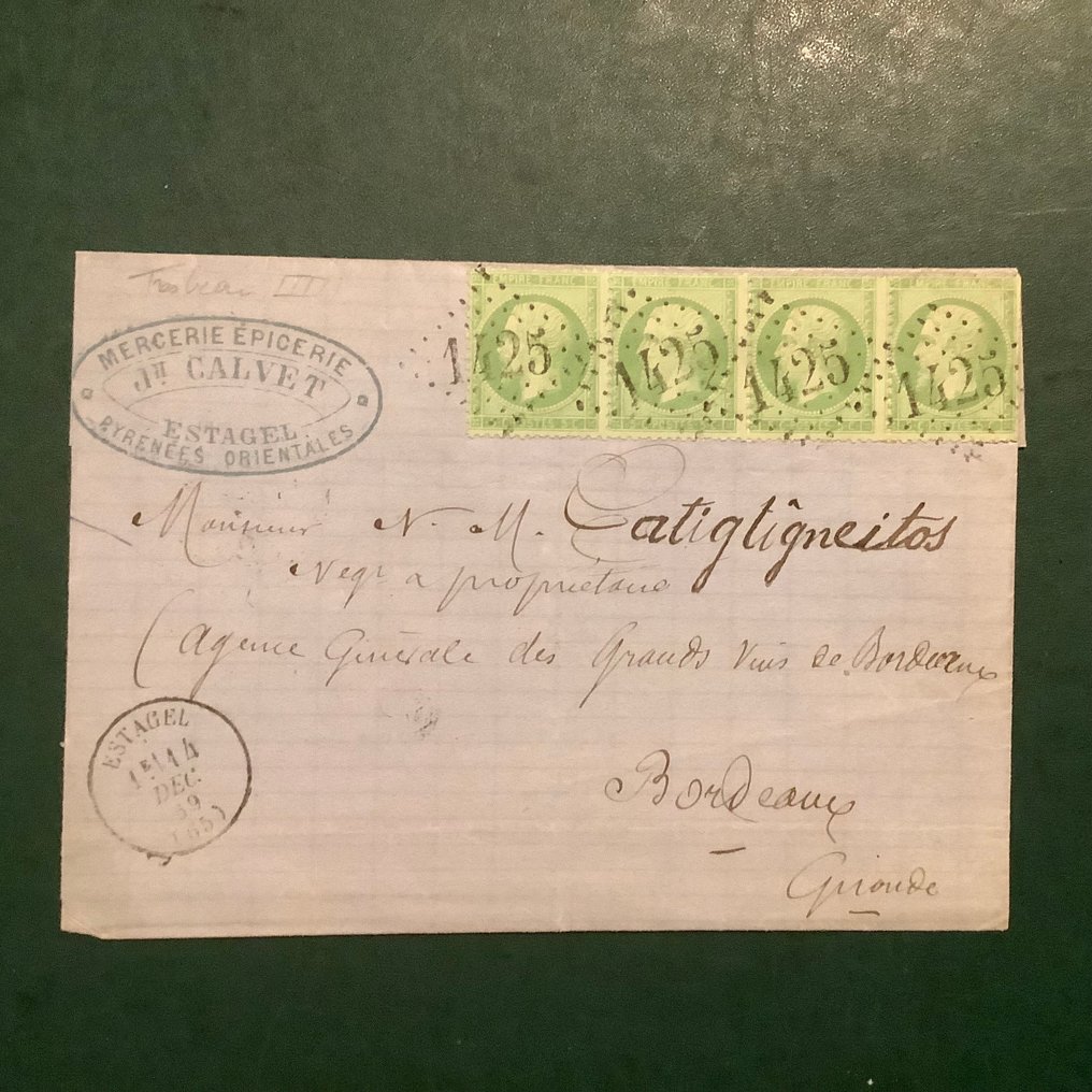 France 1862 - 5 cent Napoleon coin found in a strip of four on cover. - Yvert 20 #1.0