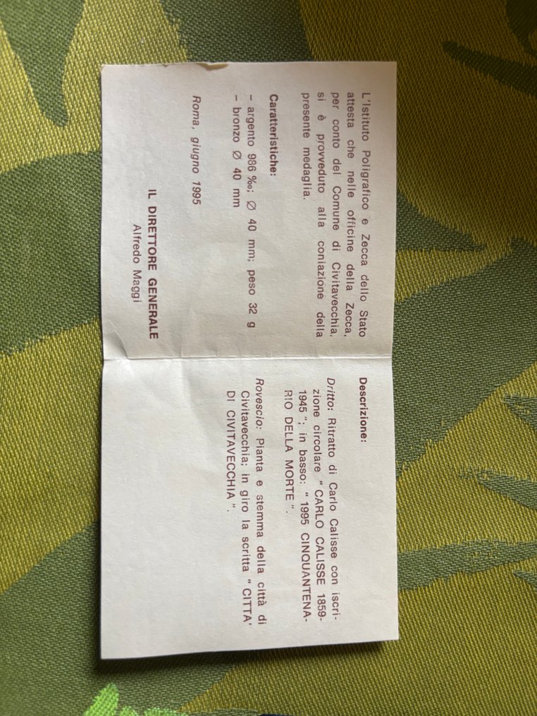 義大利. Medaglia in argento 1995  Carlo Calisse - 32 gr Ag.986  (沒有保留價) #4.3