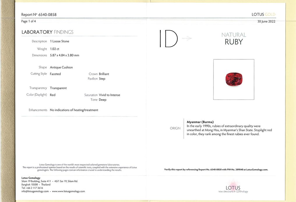 Nincs minimálár Rubin - 1.02 ct - Lotus Gemology - Élénk intenzív vörös (Burma) #4.3