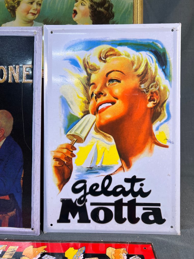 Motta, Suchard, Cacao Talmone, Elah - Διαφημιστική πινακίδα (4) - Σετ μεταλλικών επιγραφών με θέμα τα γλυκά. - Μέταλλο #1.0