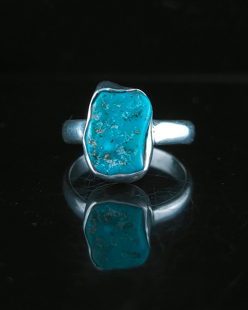 Turquoise Ring in sterling silver - Height: 14 mm - Width: 10 mm- 3.76 g - (1) #1.0
