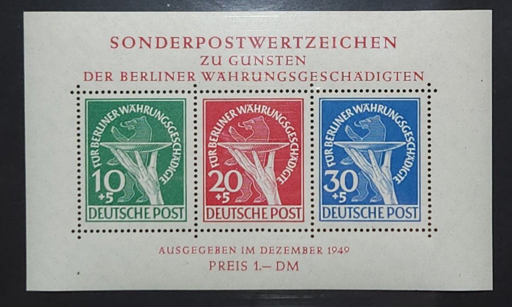 Berlim 1864/1949 - Berlin, bloco nº 1 danificado pela moeda, sem goma, com certificado, Schlegel, em perfeitas - Michel Block Nr. 1 #1.0