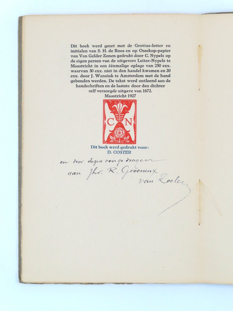 Constantin Huygens - 't Voor-hout & 't Kostelick Mal [met bijzondere provenance] - 1927 #1.0