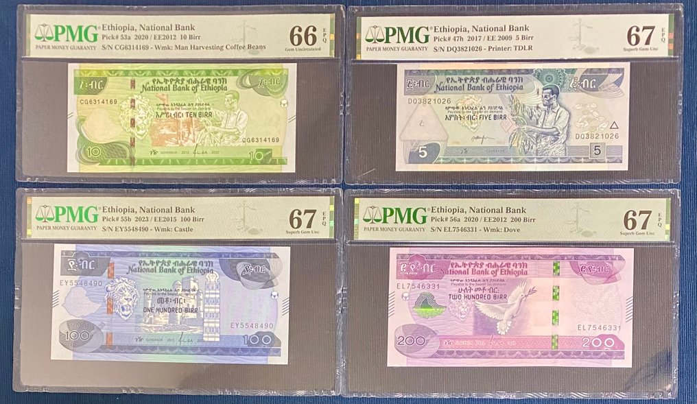 Ethiopia. - 4 banknotes - all graded Birr - various dates (No Reserve Price) #1.0