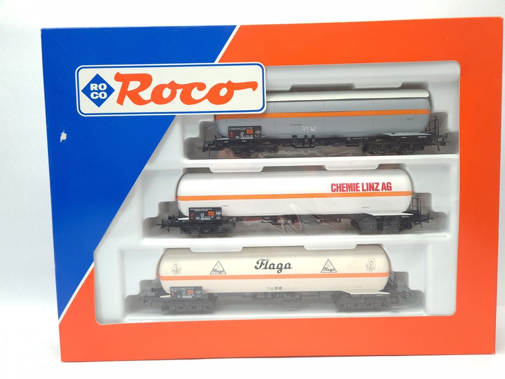 Roco H0轨 - 44073 - 模型火车货车组 (1) - 3-件套垫圈组:'VTG'、'Flaga' 和 'Chemie Linz AG' - DB #1.0