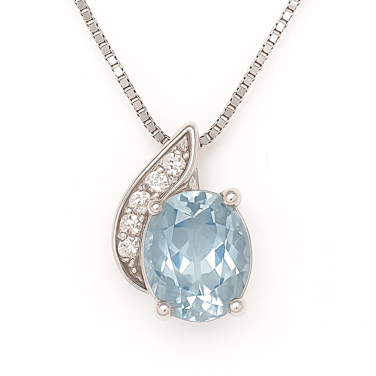 吊坠项链 - 18K包金 白金 -  1.36ct. tw. 海蓝宝石 - 钻石 #1.0