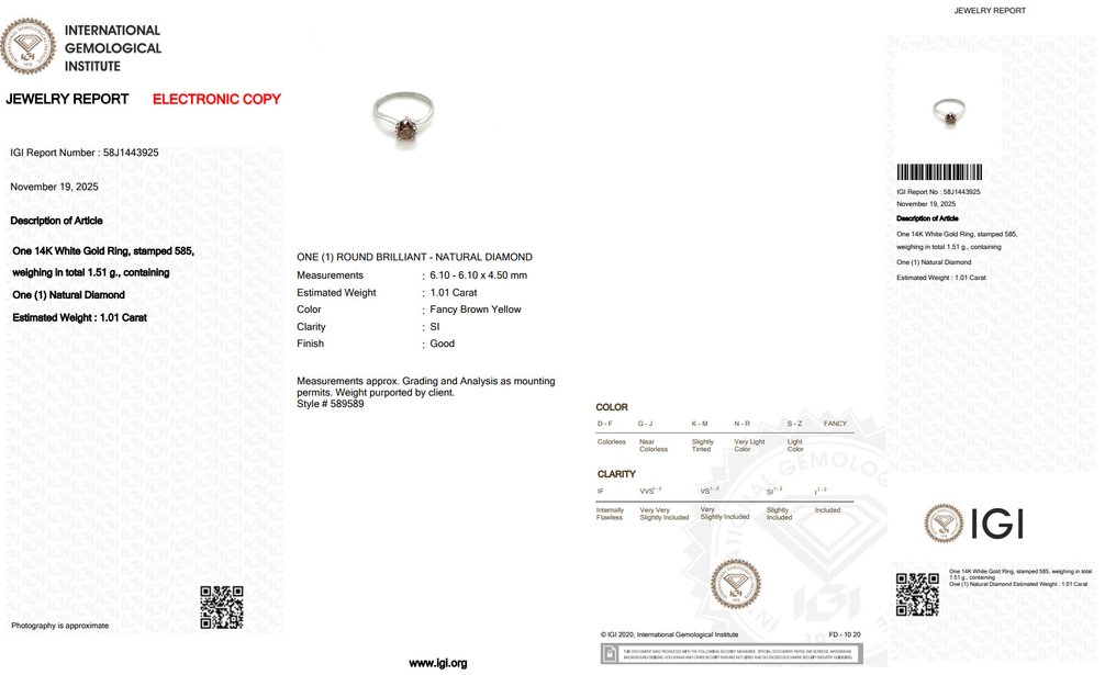 Fără preț de rezervă - Inel - 14 ct. Aur alb - 1.01ct. tw. Galben Diamant (Colorat natural) #2.1