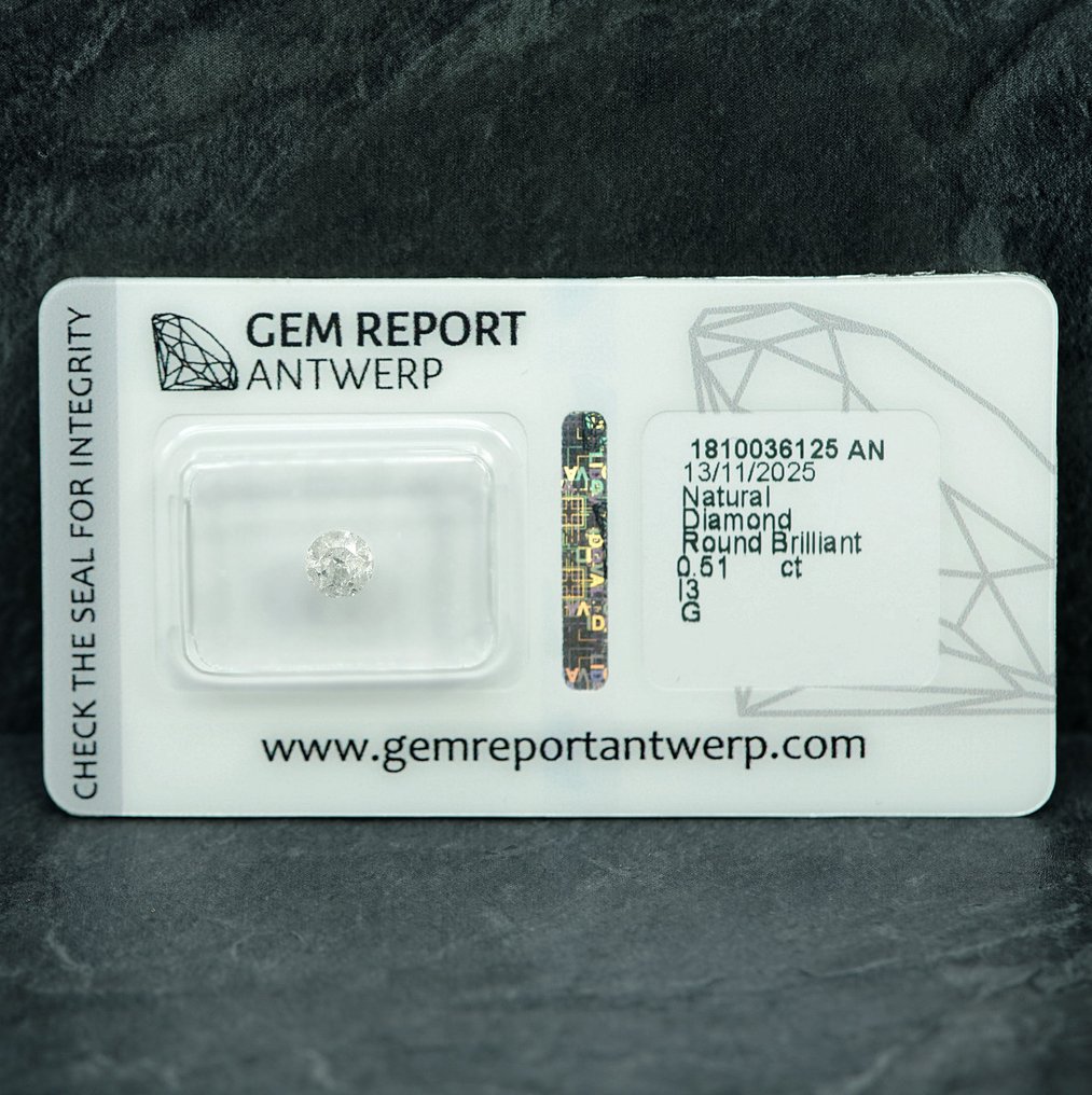 没有保留价 - 1 pcs 钻石 (天然) - 0.51 ct - 圆形 - G - I3 - 安特卫普宝石报告(GRA) #1.0