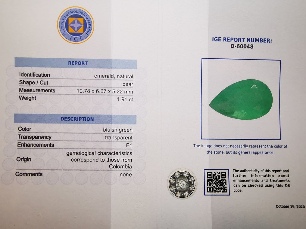 χωρίς τιμή ασφαλείας - 1 pcs Πράσινο Σμαράγδι - 1.91 ct - Instituto Gemólogico Español (IGE) - F1/Κολομβία #2.1