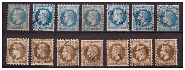 Frankrike 1862/1871 - Utvalg av Napoléon III dentelés Oblitérés for studie av type, farge og Oblitérations. - Yvert n°19 au n°32 complet dont nombreux Neufs & n°35 de 1871 // Forte Cote Yvert #2.1