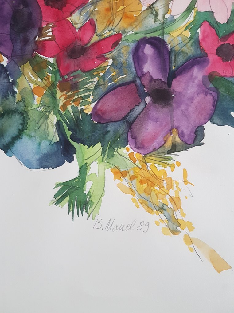 Signed; Bettina Mauel - unique; Aquarell "Blumen-Stillleben" - 1995 #4.3